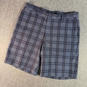 Mens Pebble Beach Performance Golf Shorts 36 Blue Plaid Stretch Flat Front